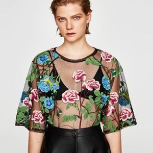 Zara Floral Emboroidered Tule 3/4 Length Shirt
